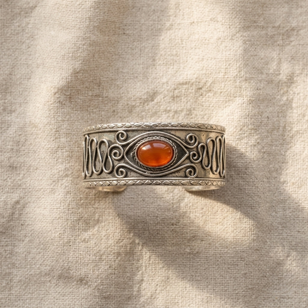 Handcrafted Kashi Antique Silver Cuff with Red Onyx