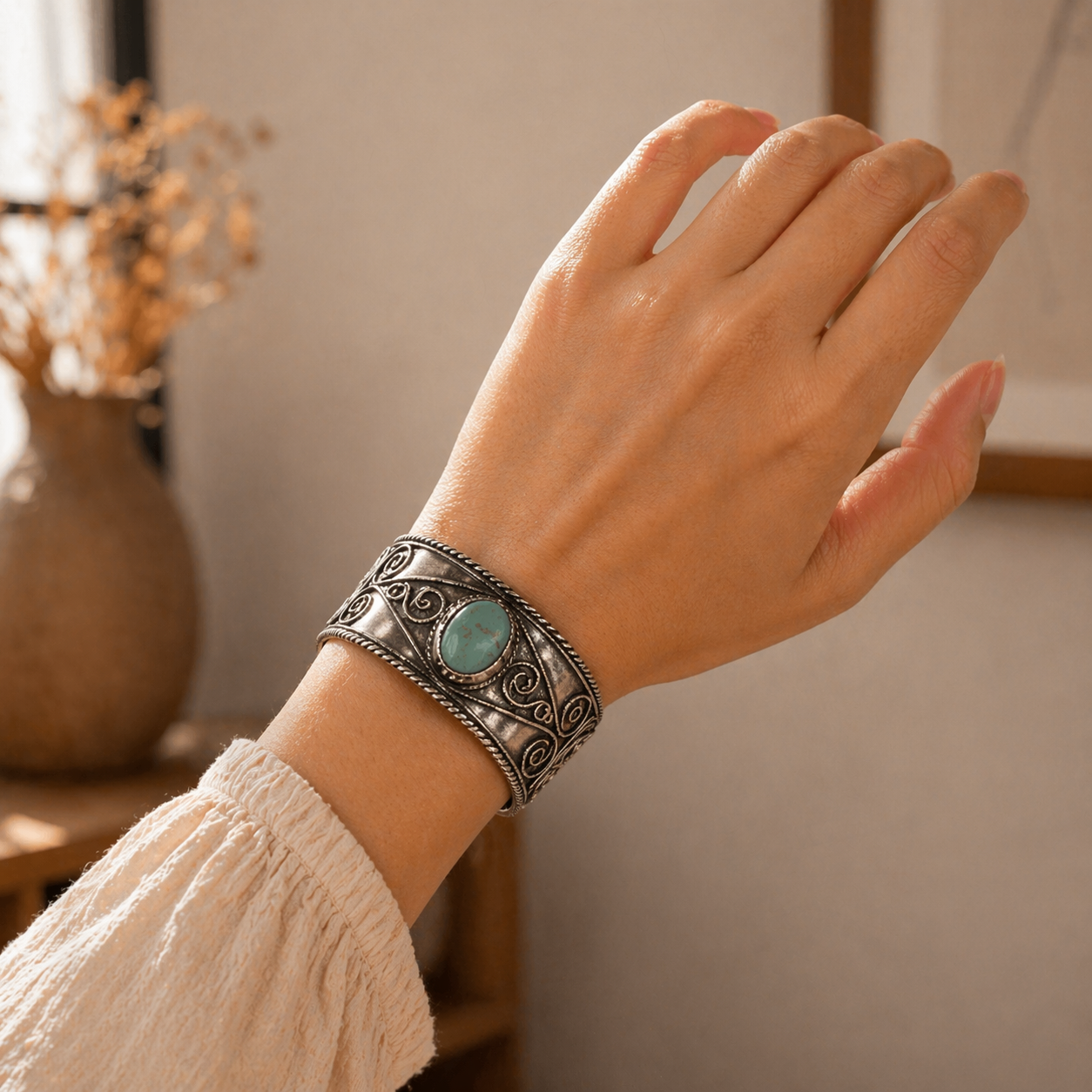 Handcrafted Kashi Antique Silver Cuff with Amazonite