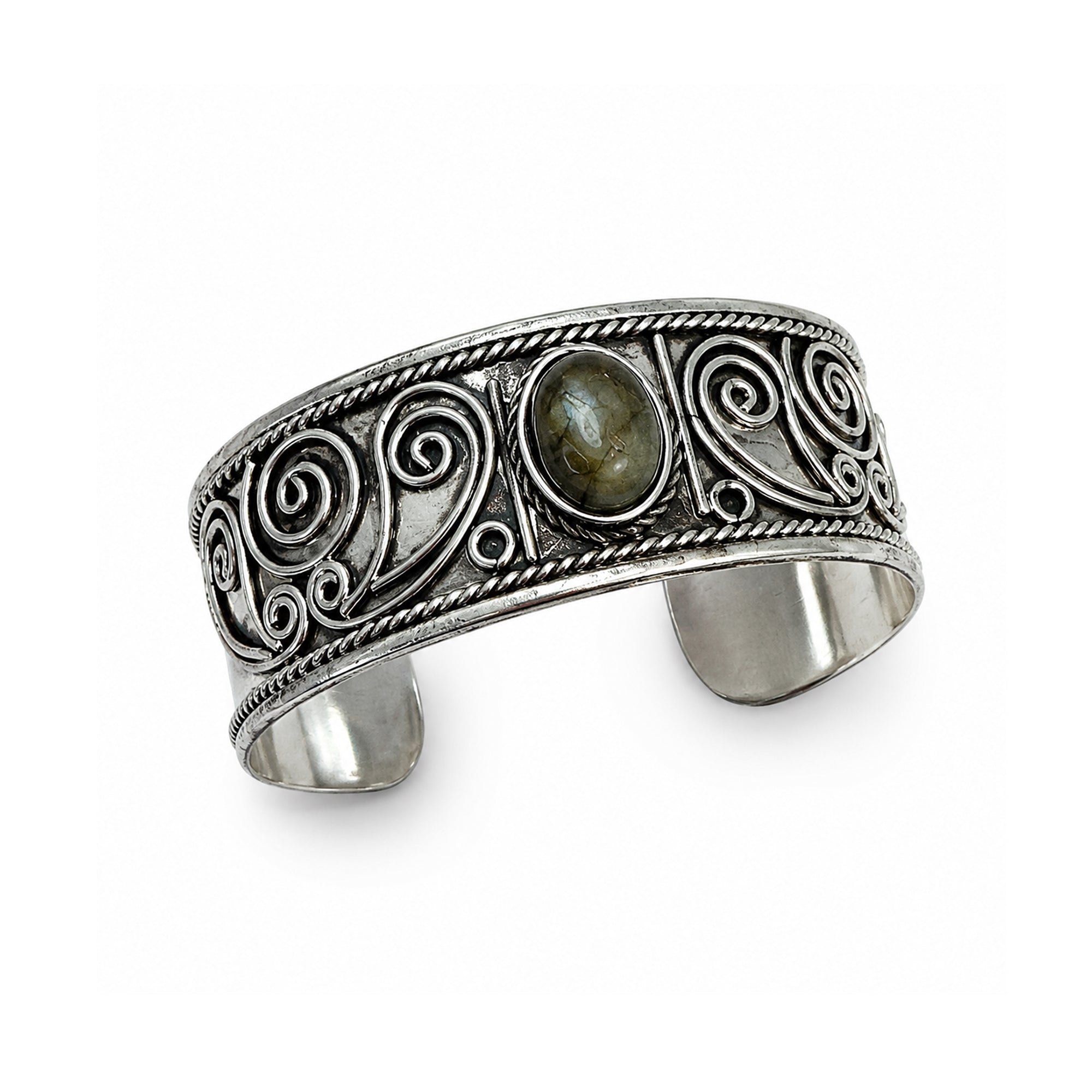 Handcrafted Kashi Antique Silver Cuff with Labradorite