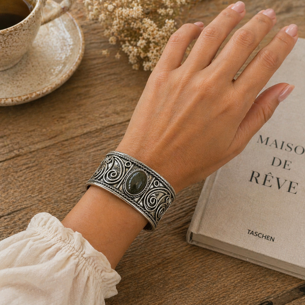 Handcrafted Kashi Antique Silver Cuff with Labradorite