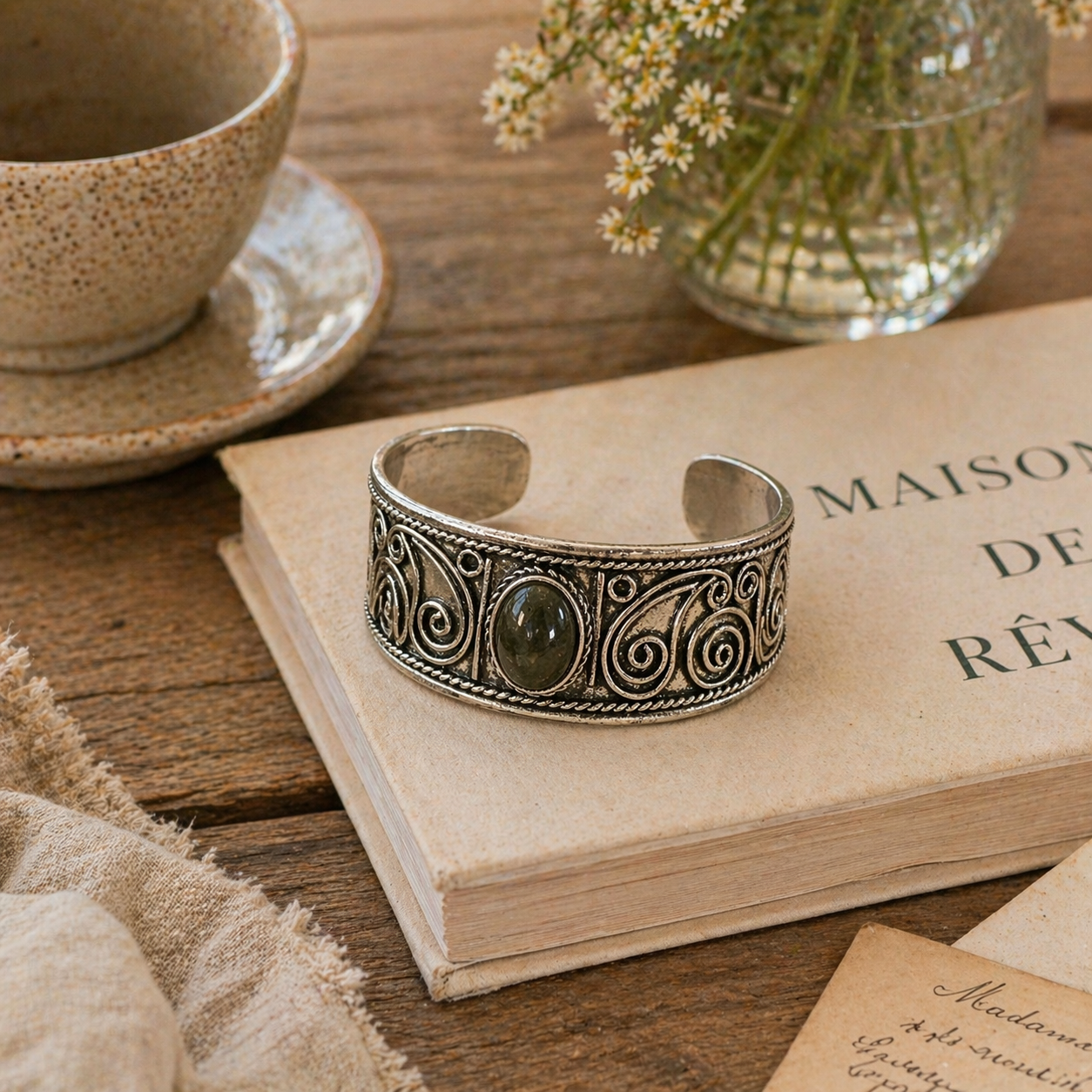 Handcrafted Kashi Antique Silver Cuff with Labradorite
