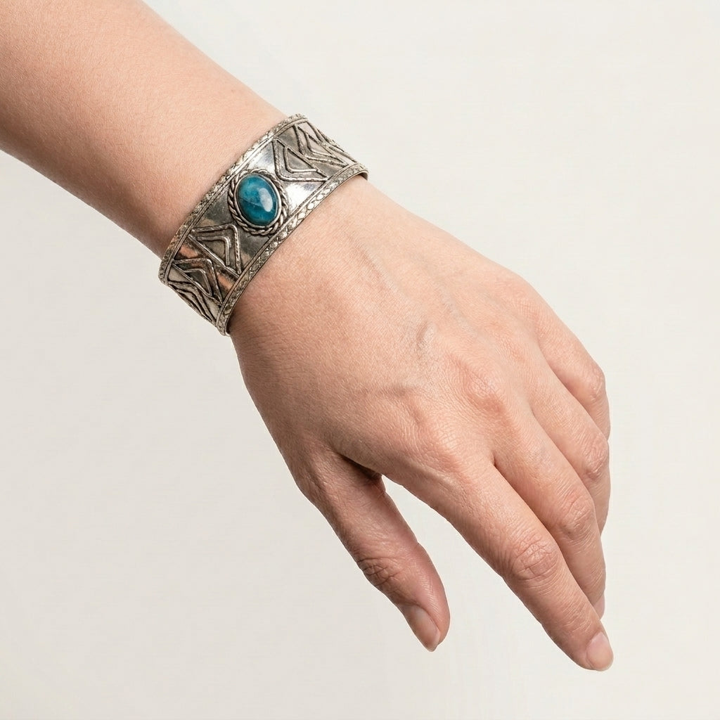 Handcrafted Kashi Antique Silver Cuff with Apatite