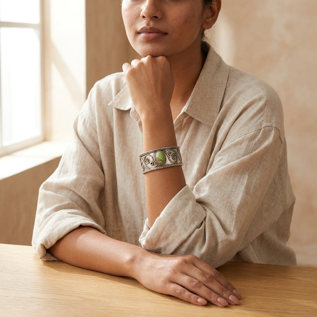 Handcrafted Kashi Antique Silver Cuff with Lemon Chrysoprase