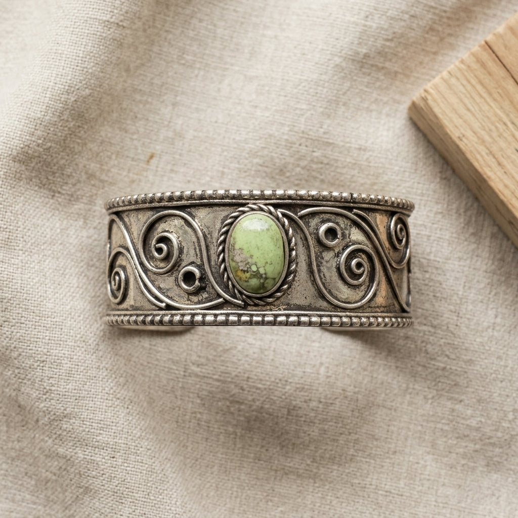 Handcrafted Kashi Antique Silver Cuff with Lemon Chrysoprase