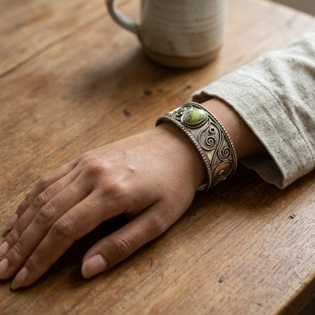 Handcrafted Kashi Antique Silver Cuff with Lemon Chrysoprase