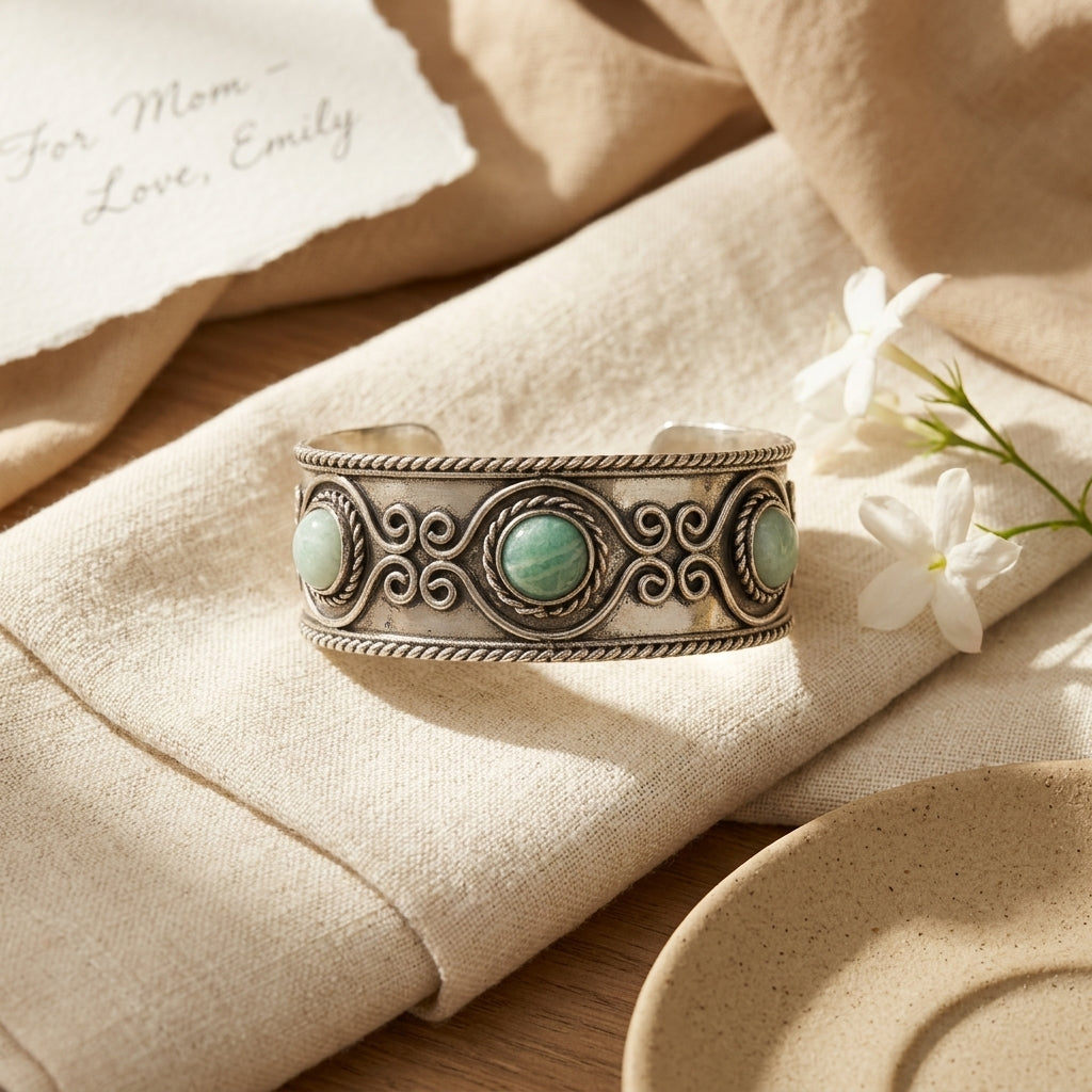 Handcrafted Kashi Antique SilverCuff with 3 Amazonite stones