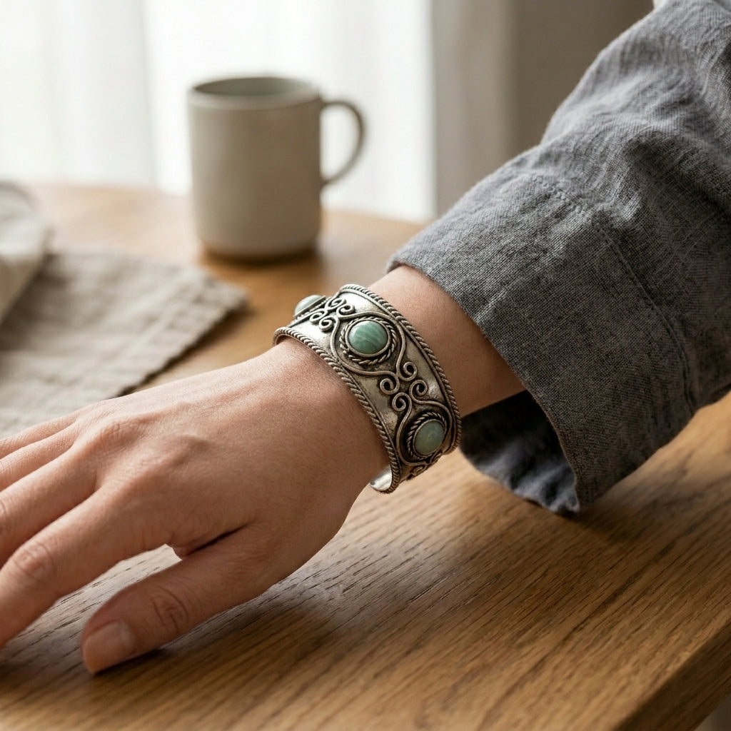 Handcrafted Kashi Antique SilverCuff with 3 Amazonite stones