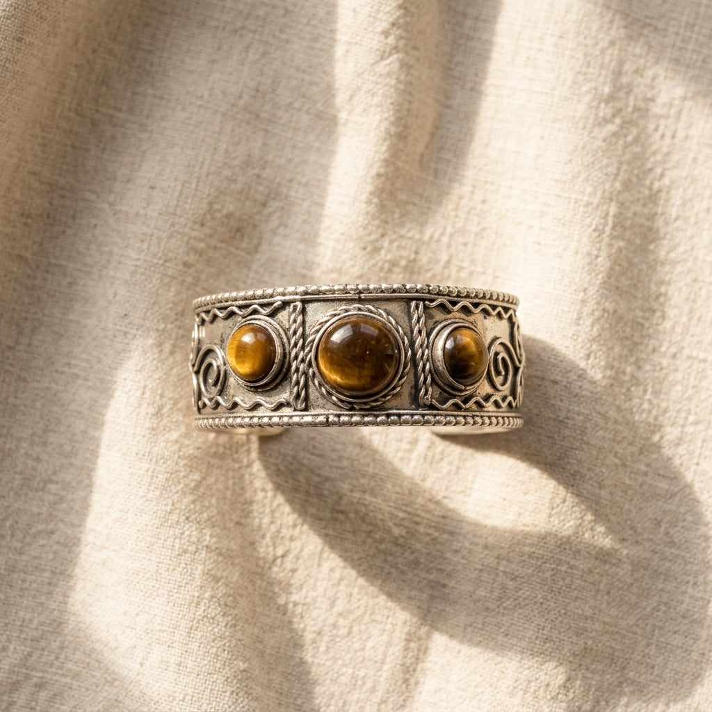 Handcrafted Kashi Antique SilverCuff with Tiger's Eye stones