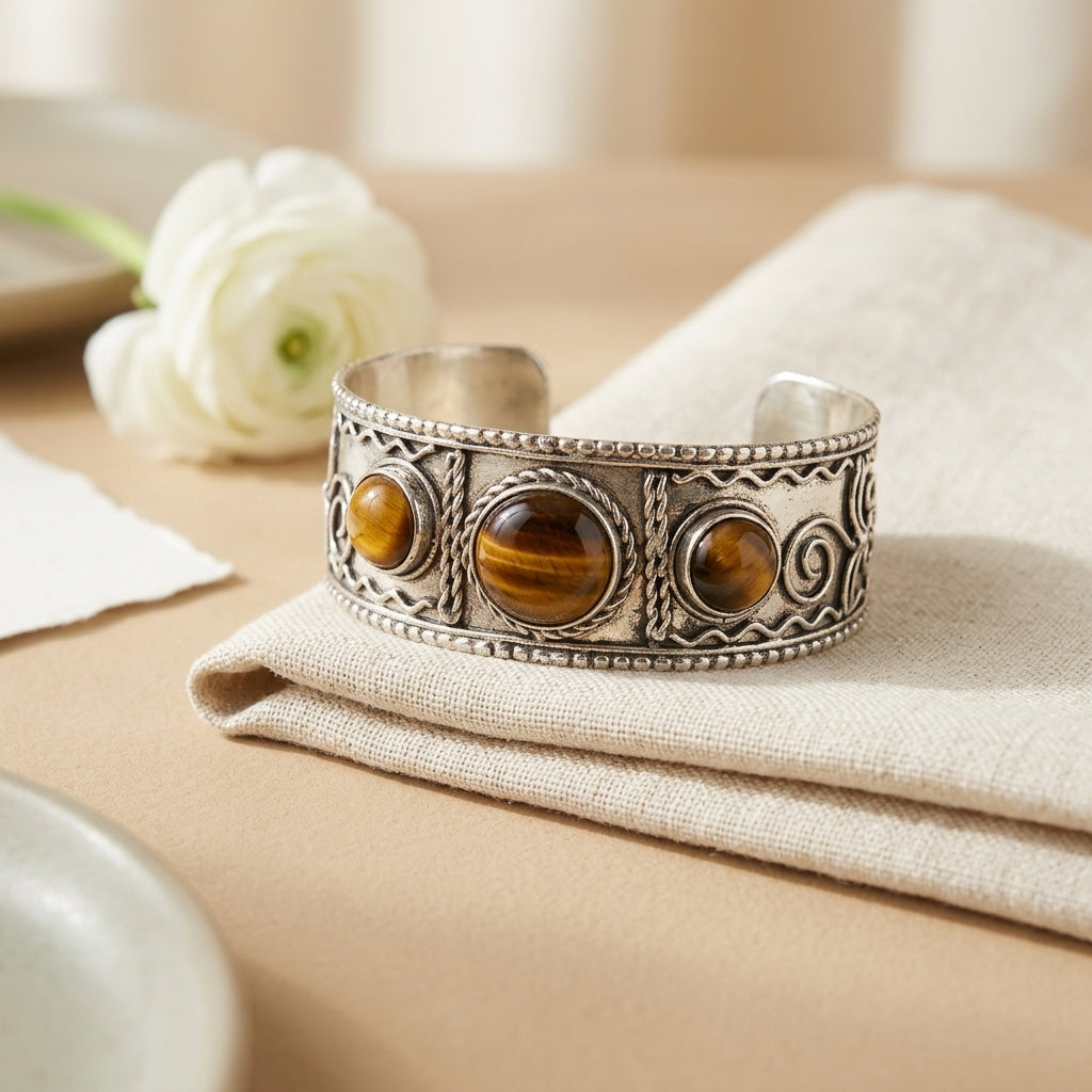 Handcrafted Kashi Antique SilverCuff with Tiger's Eye stones