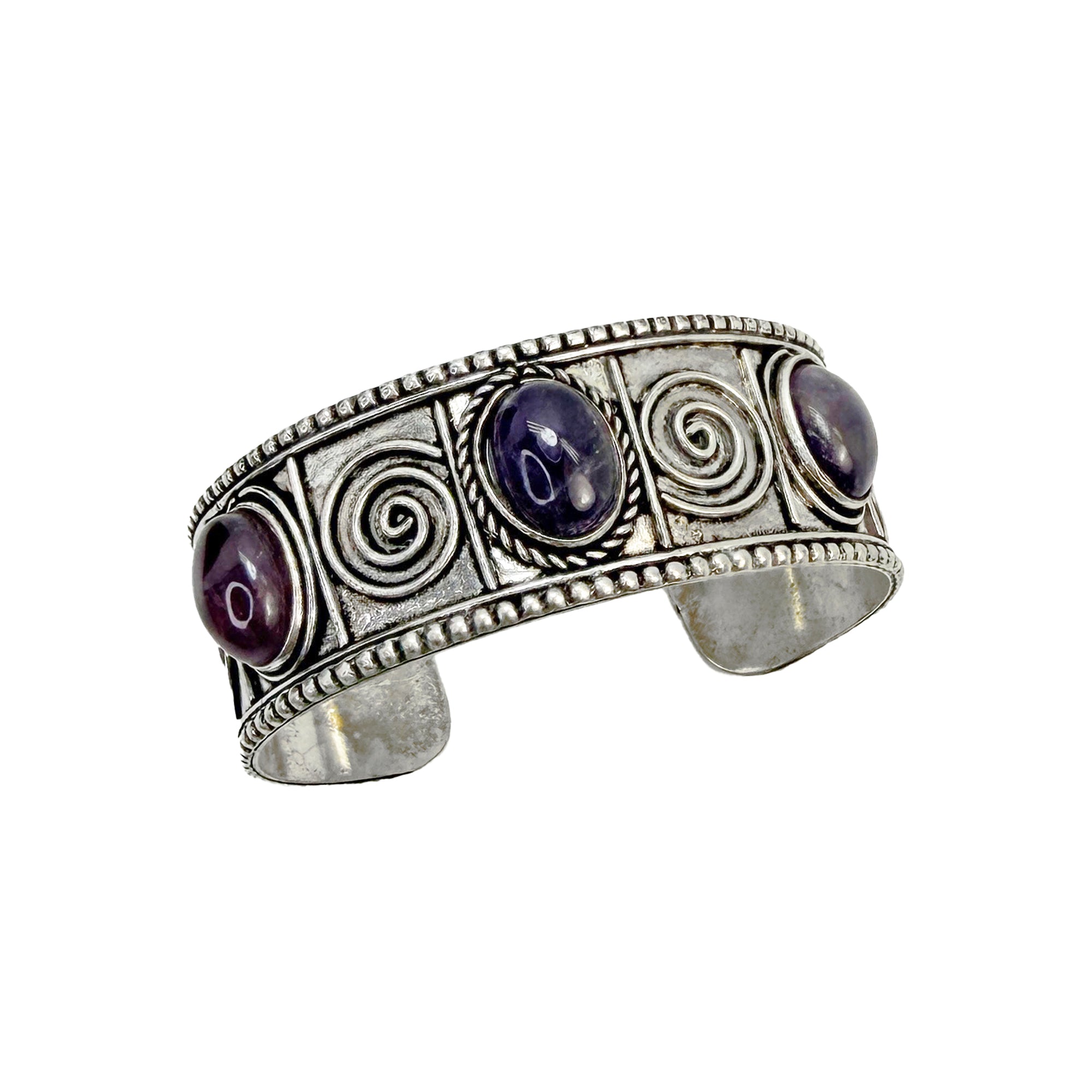 Handcrafted Kashi Antique SilverCuff with 3 Amethyst stones