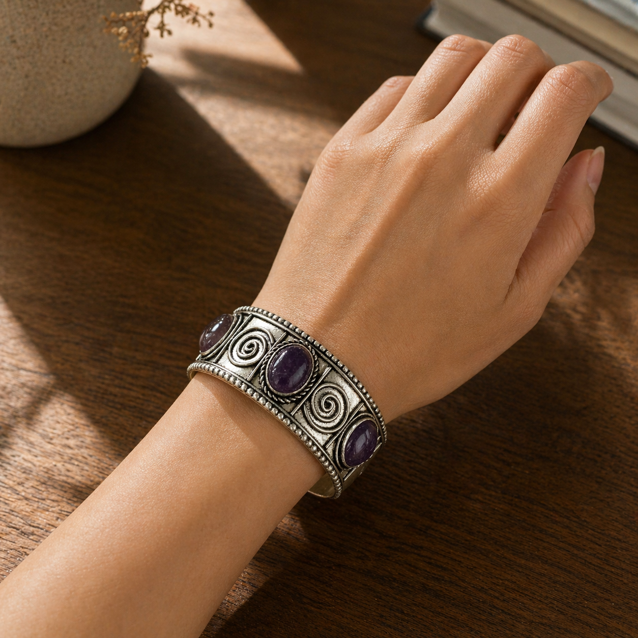 Handcrafted Kashi Antique SilverCuff with 3 Amethyst stones