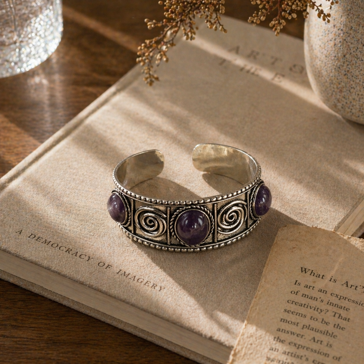 Handcrafted Kashi Antique SilverCuff with 3 Amethyst stones
