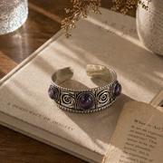 Handcrafted Kashi Antique SilverCuff with 3 Amethyst stones