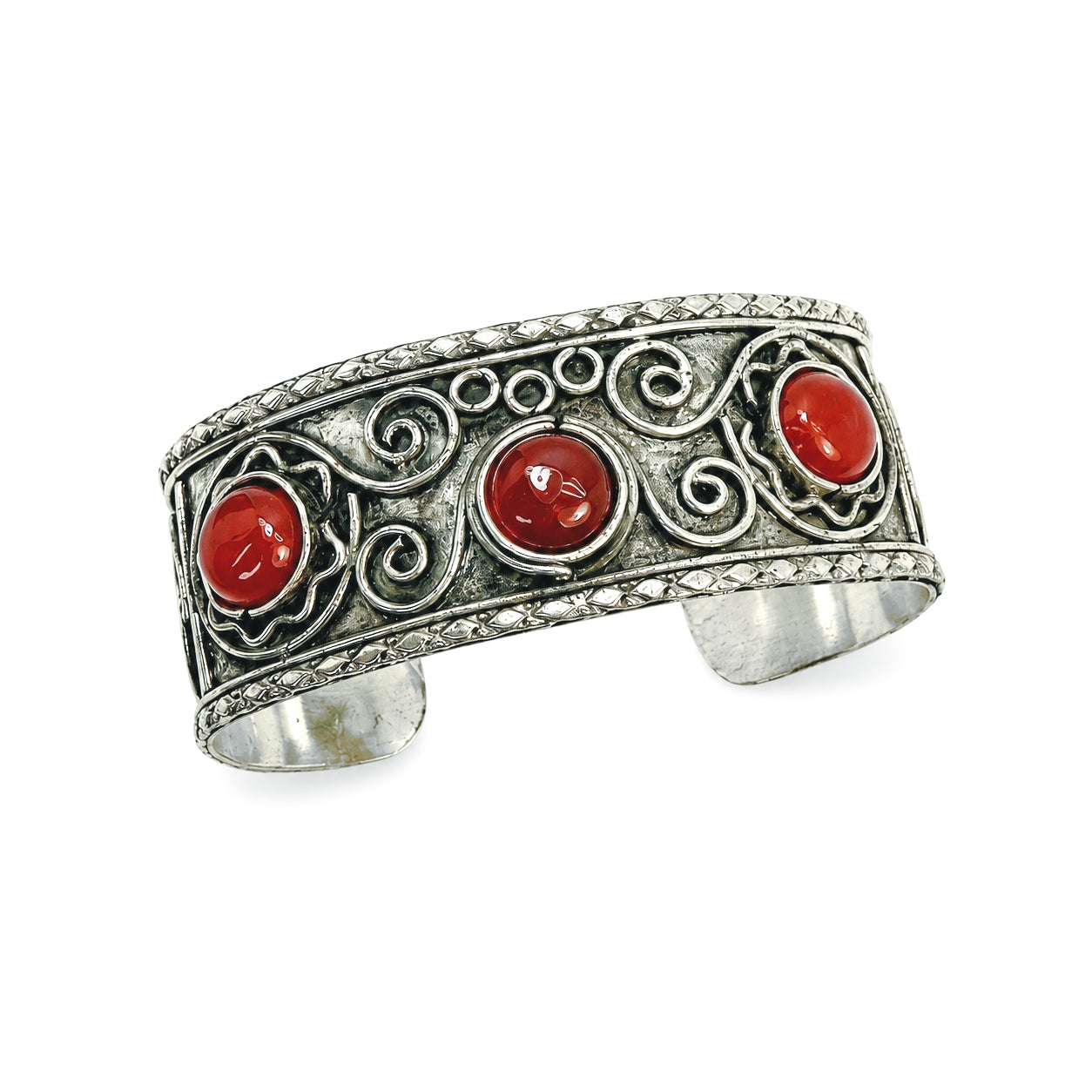 Handcrafted Kashi Antique SilverCuff with 3 Red Onyx stones