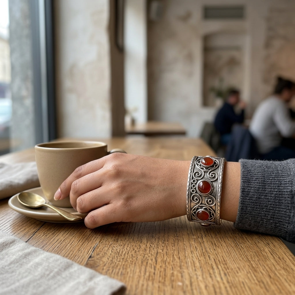 Handcrafted Kashi Antique SilverCuff with 3 Red Onyx stones