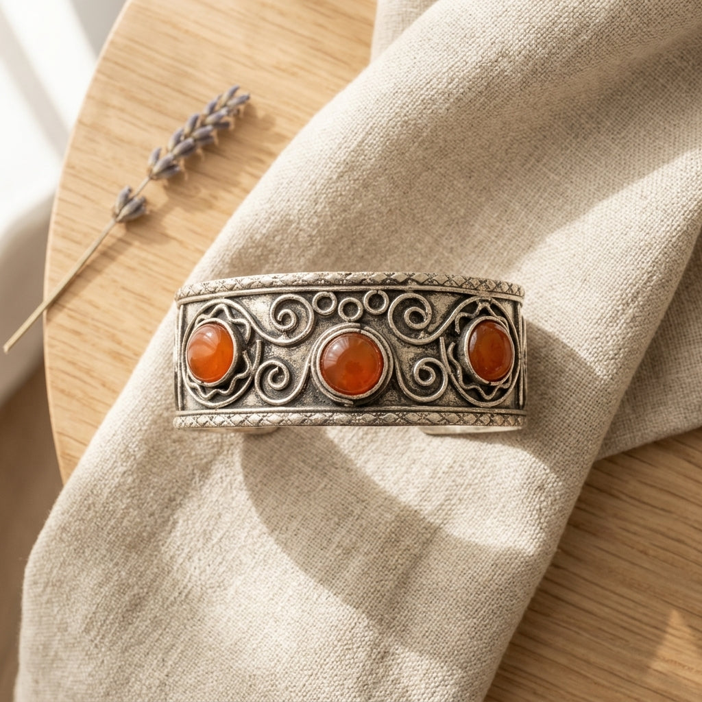 Handcrafted Kashi Antique SilverCuff with 3 Red Onyx stones