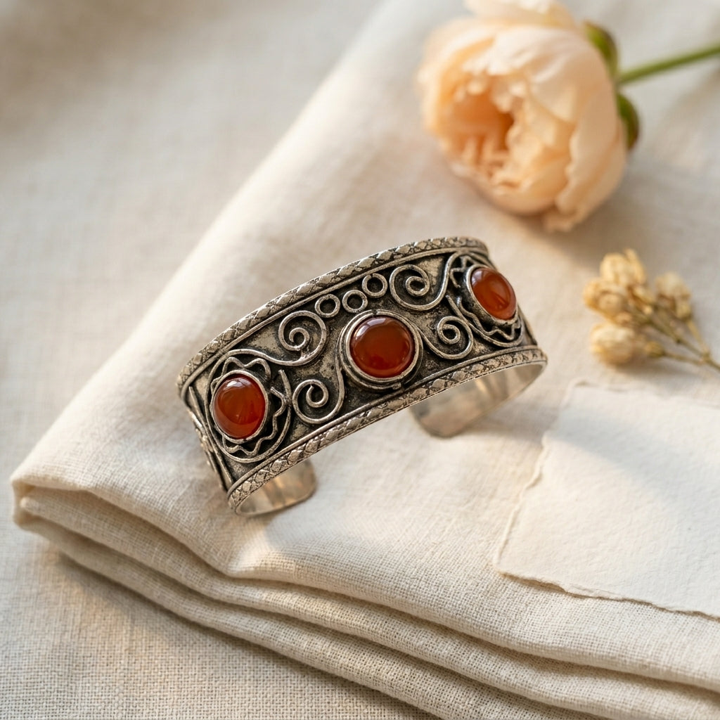 Handcrafted Kashi Antique SilverCuff with 3 Red Onyx stones