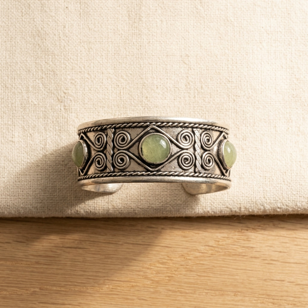Handcrafted Kashi Antique SilverCuff with Aventurine stones