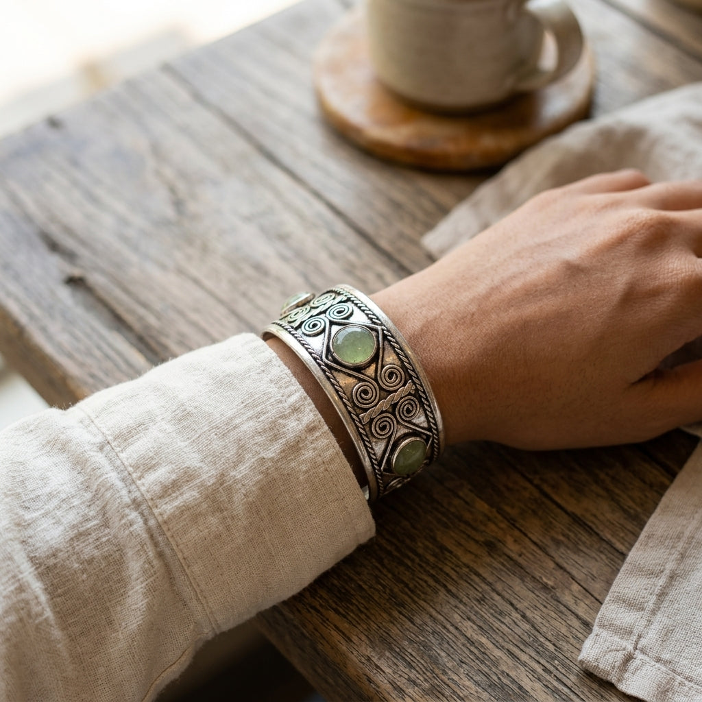 Handcrafted Kashi Antique SilverCuff with Aventurine stones