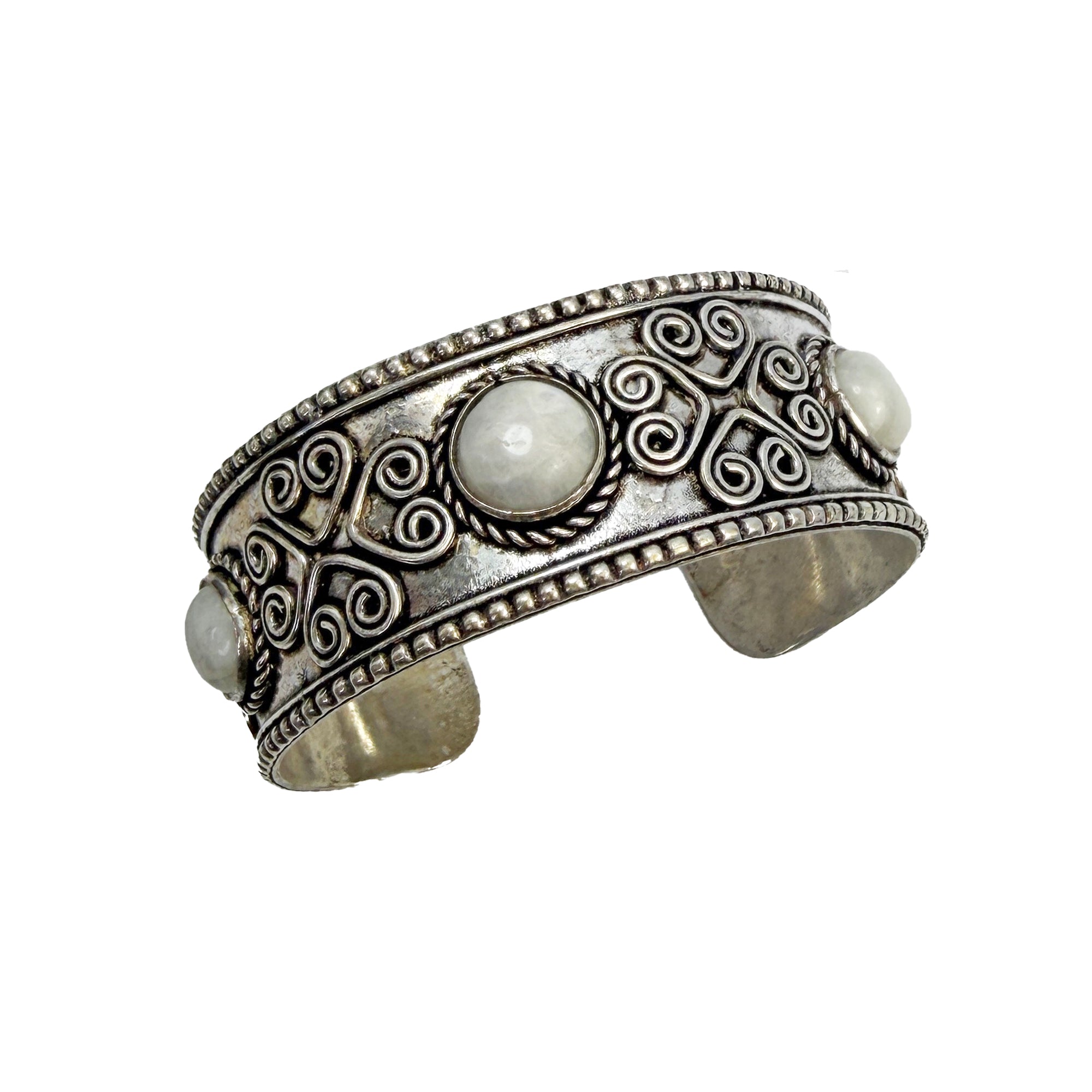 Handcrafted Kashi Antique SilverCuff with 3 Moonstones