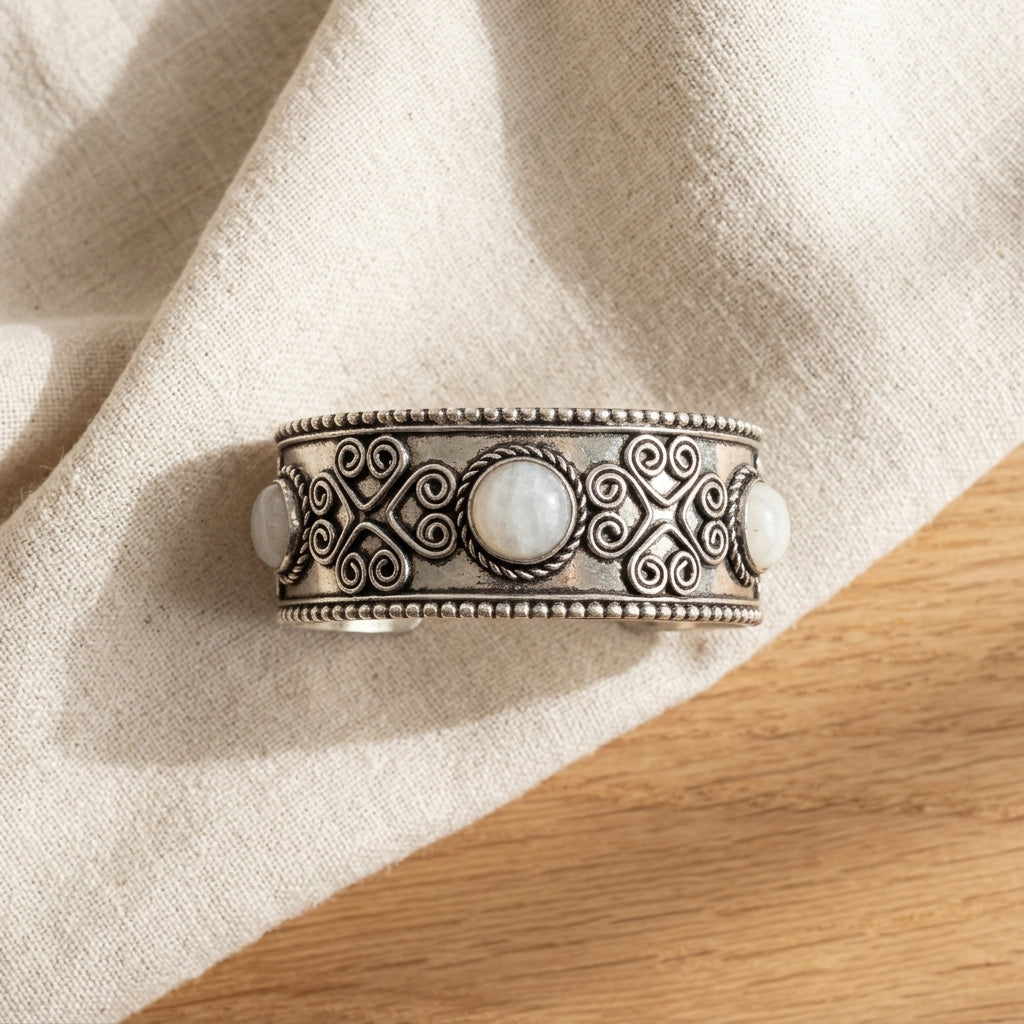 Handcrafted Kashi Antique SilverCuff with 3 Moonstones