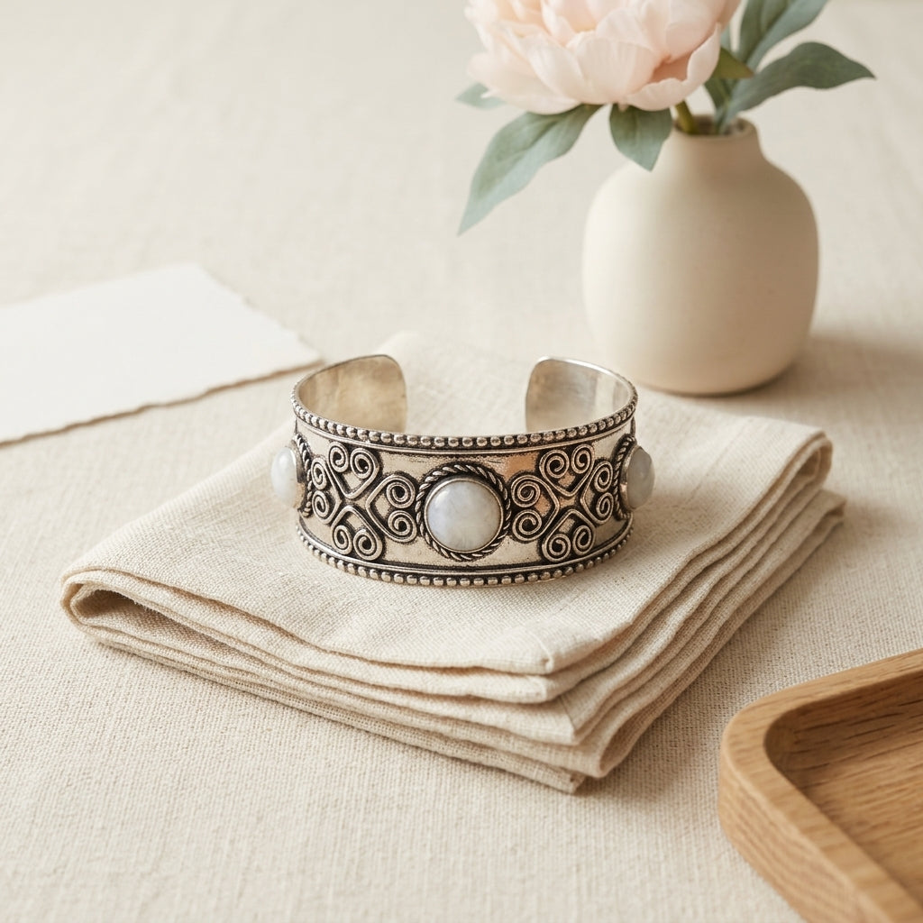 Handcrafted Kashi Antique SilverCuff with 3 Moonstones