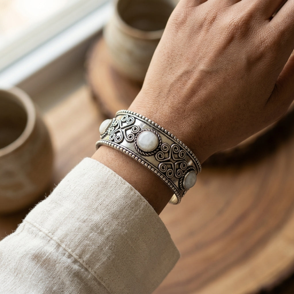 Handcrafted Kashi Antique SilverCuff with 3 Moonstones