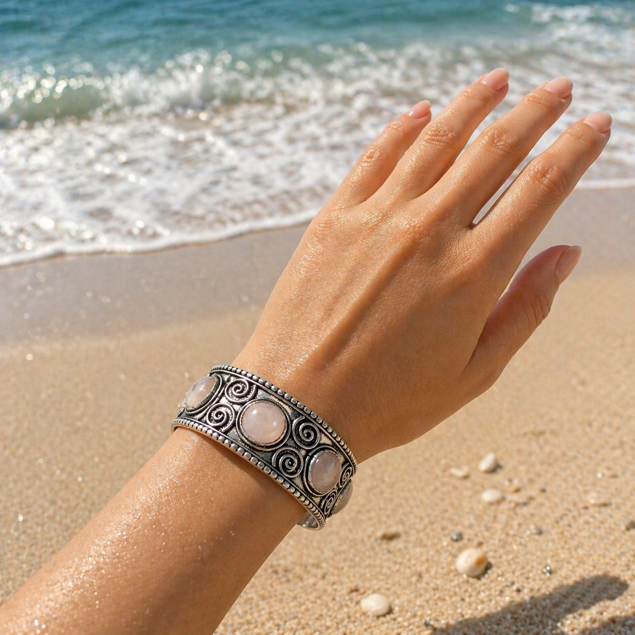 Handcrafted Kashi Antique SilverCuff with 3 Rose Quartz stones