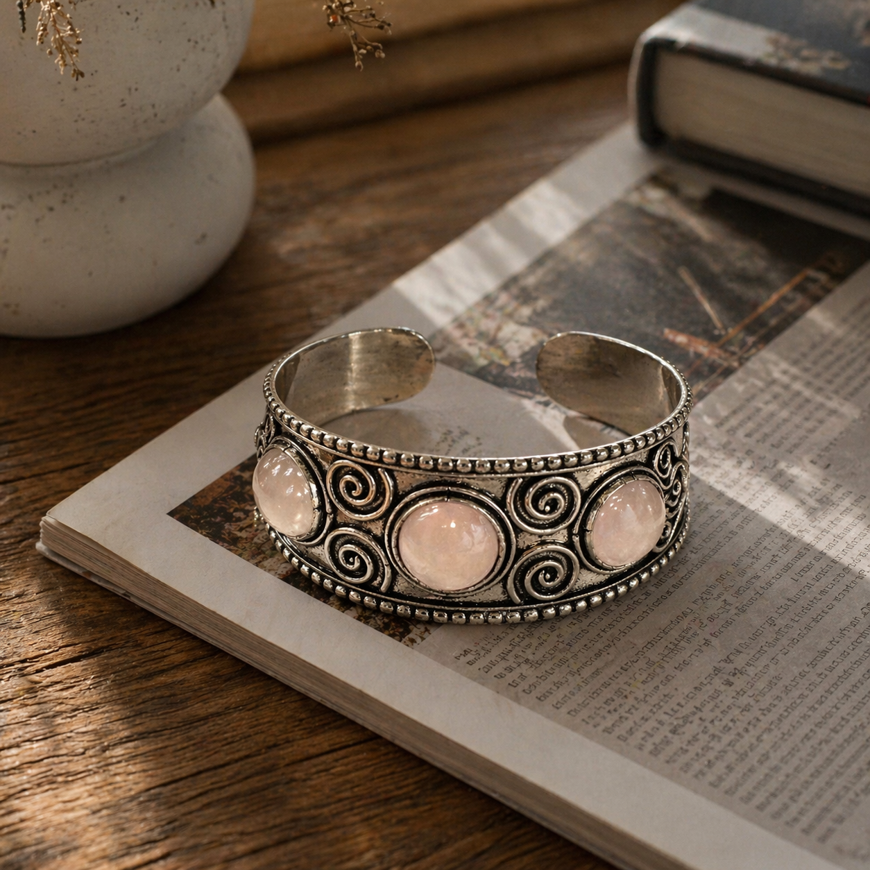 Handcrafted Kashi Antique SilverCuff with 3 Rose Quartz stones