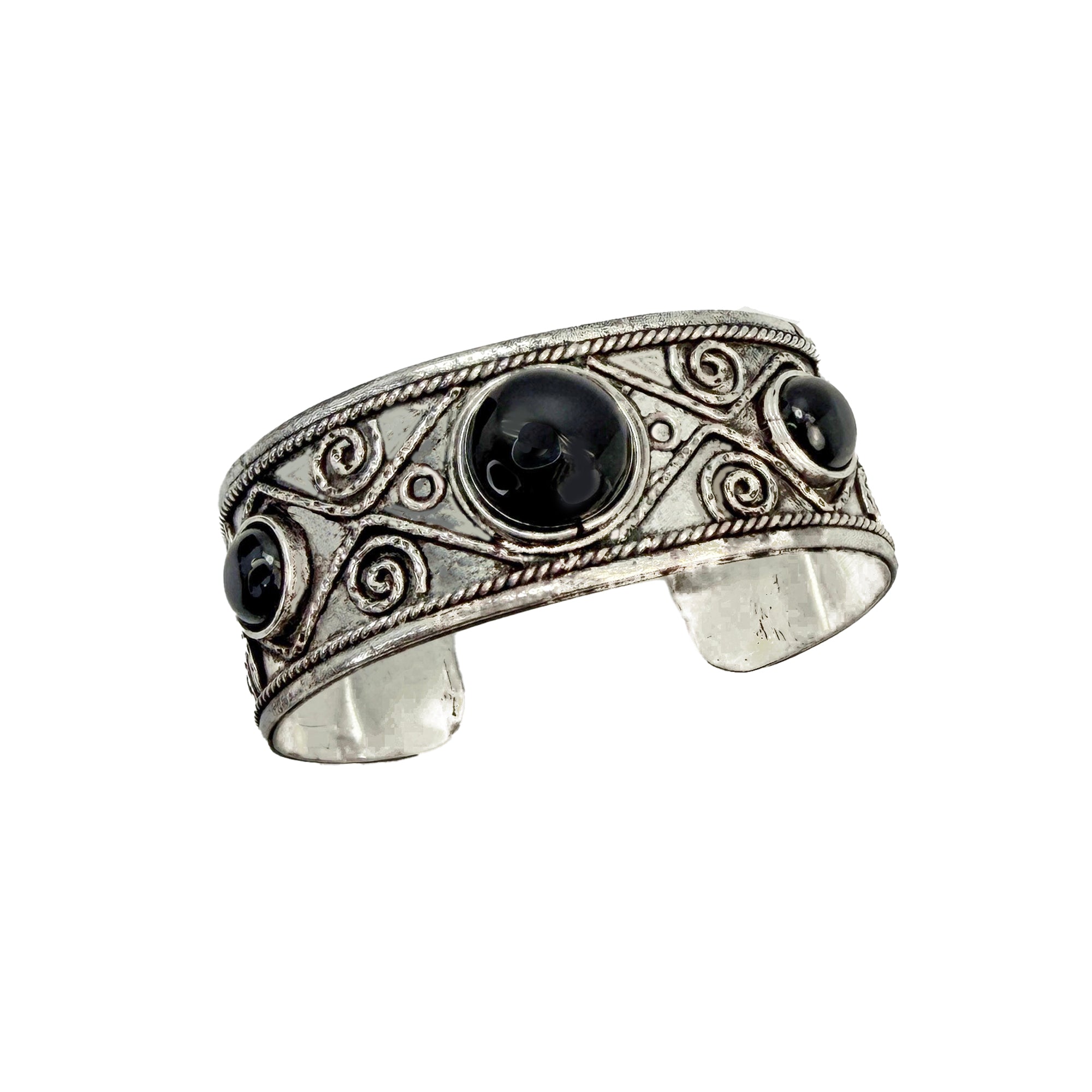 Handcrafted Kashi Antique SilverCuff with 3 Black Onyx stones