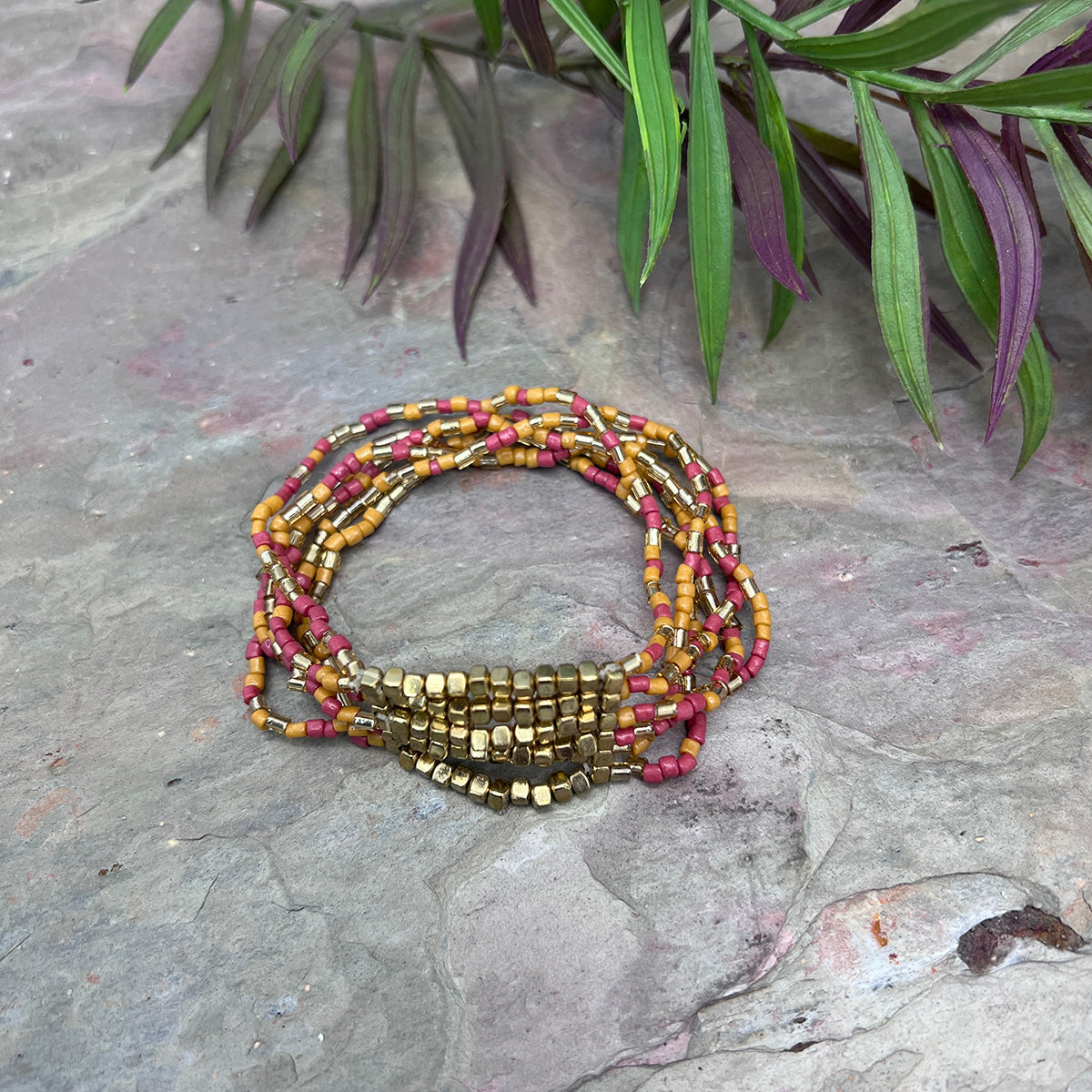 Seed Bead Stretch Statement Bracelets- Red and Orange