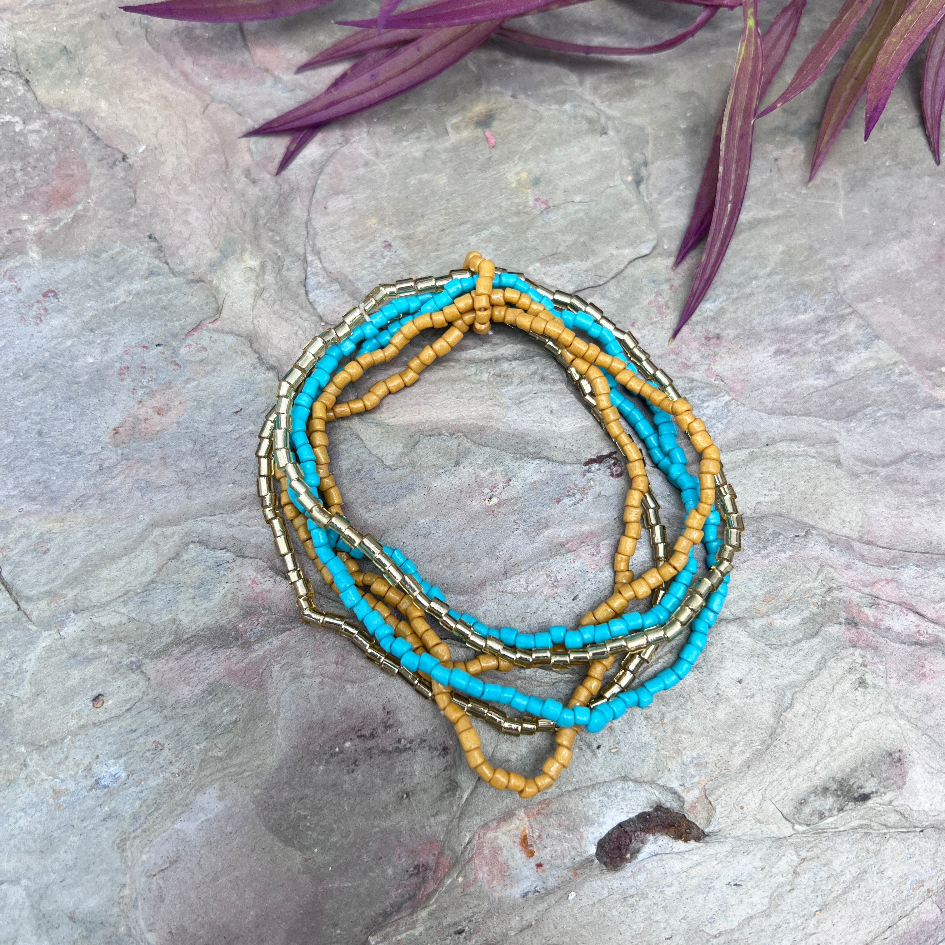 Seed Bead Stretchy Bunch Bracelets - Turquoise and Tan