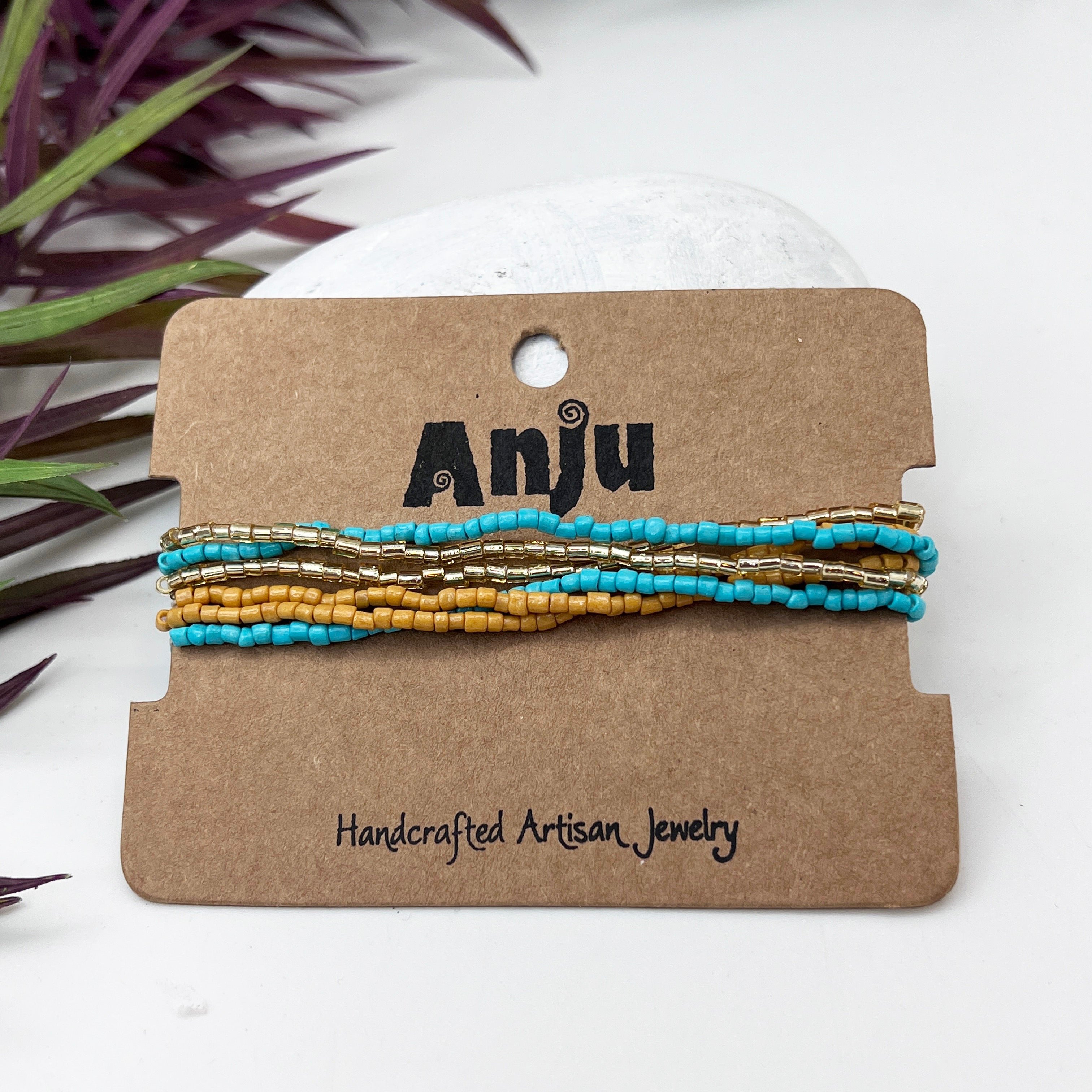 Seed Bead Stretchy Bunch Bracelets - Turquoise and Tan