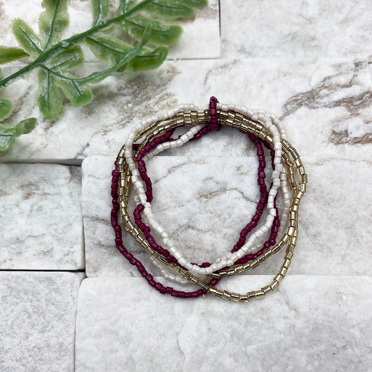 Seed Bead Stretchy Bunch Bracelets - Burgundy and White
