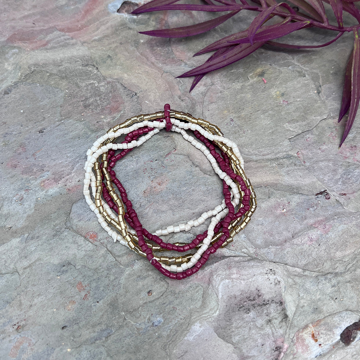 Seed Bead Stretchy Bunch Bracelets - Burgundy and White