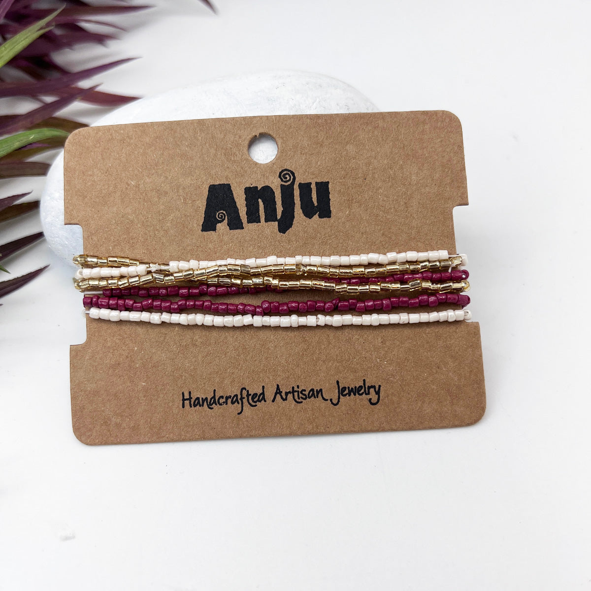 Seed Bead Stretchy Bunch Bracelets - Burgundy and White