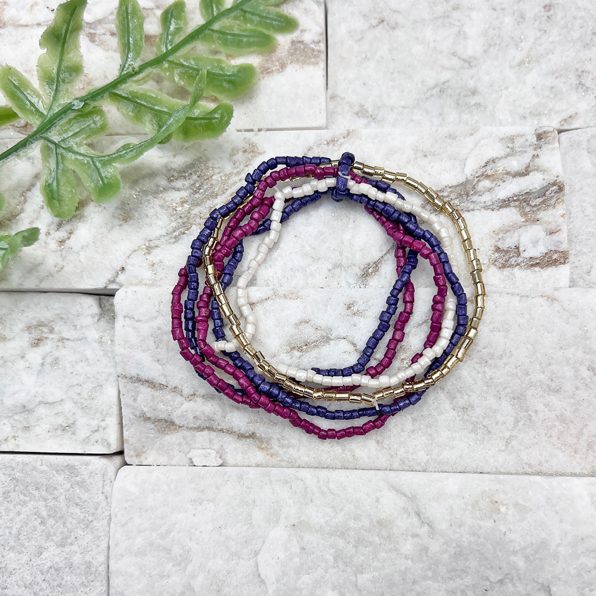 Seed Bead Stretchy Bunch Bracelets - Purple and Magenta