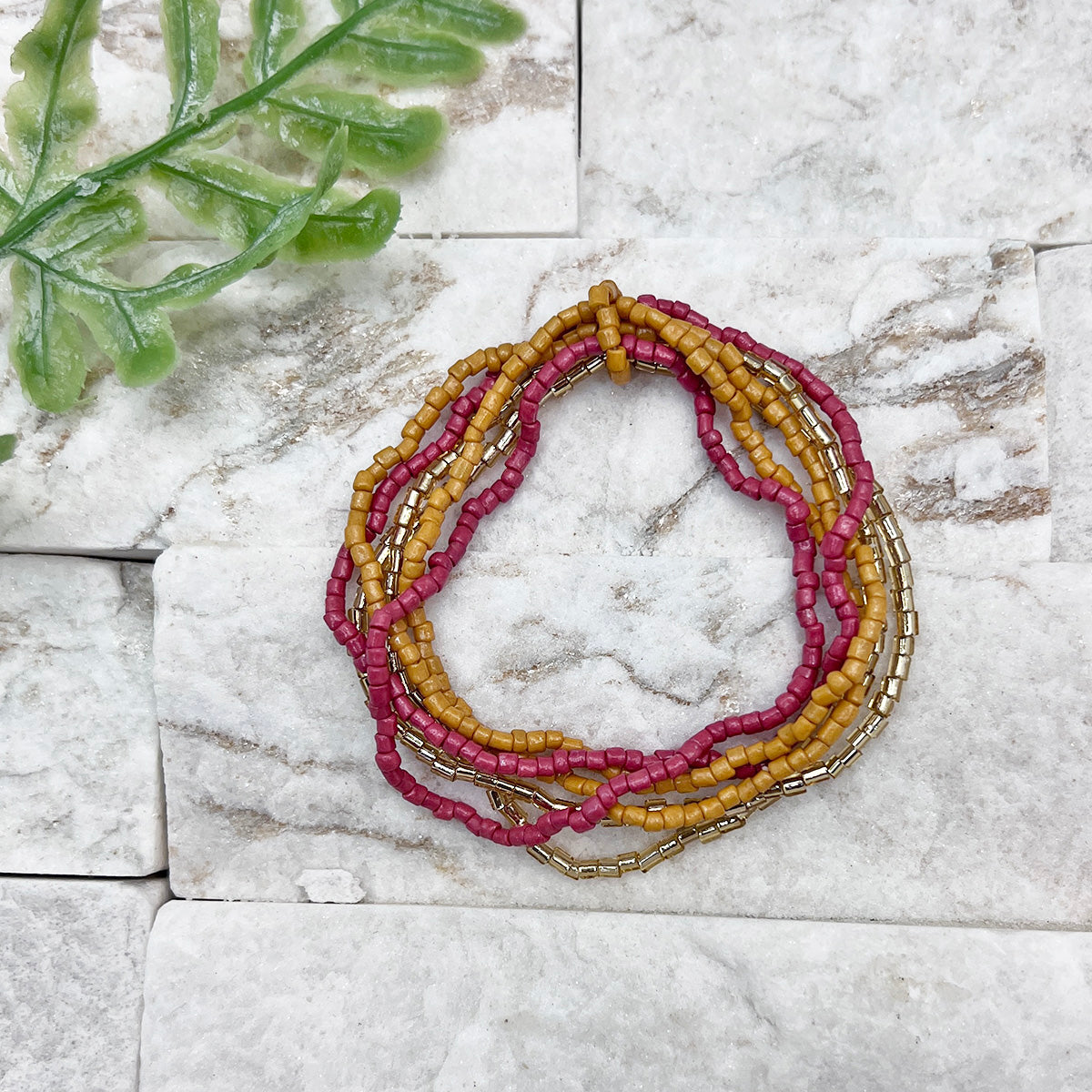 Seed Bead Stretchy Bunch Bracelets - Pink and Gold