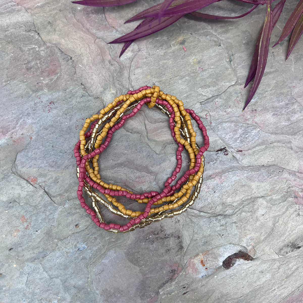 Seed Bead Stretchy Bunch Bracelets - Pink and Gold