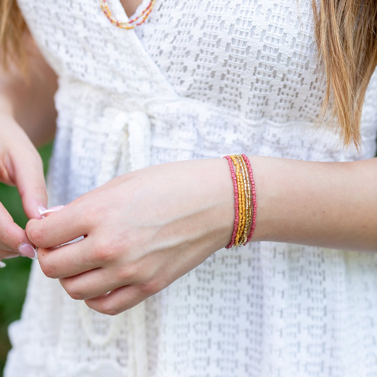 Seed Bead Stretchy Bunch Bracelets - Pink and Gold
