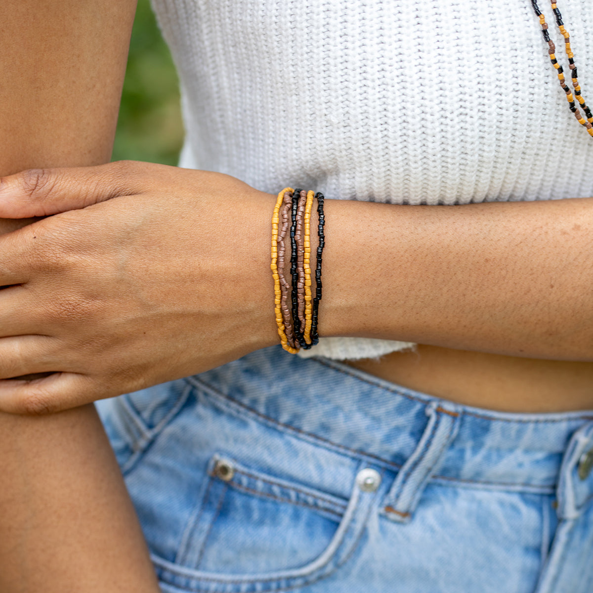 Seed Bead Stretchy Bunch Bracelets - Black, Brown and Tan