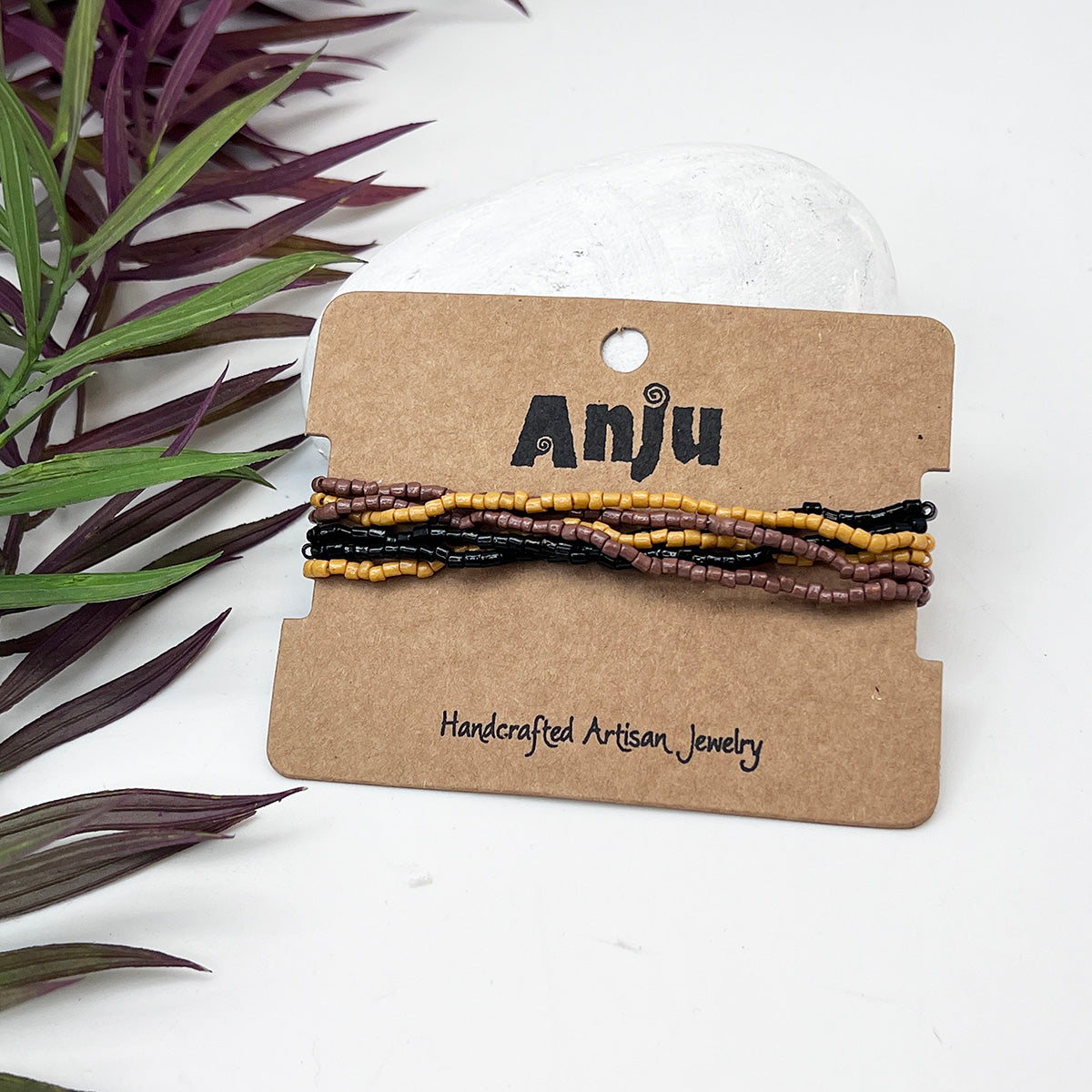 Seed Bead Stretchy Bunch Bracelets - Black, Brown and Tan