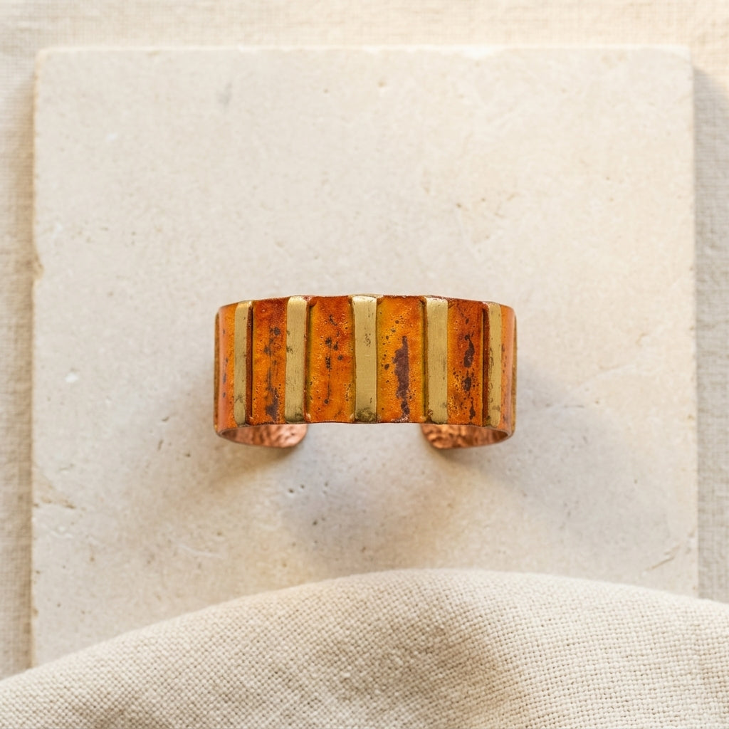 Handcrafted Rustic Copper Patina Bracelet - Orange Stripes