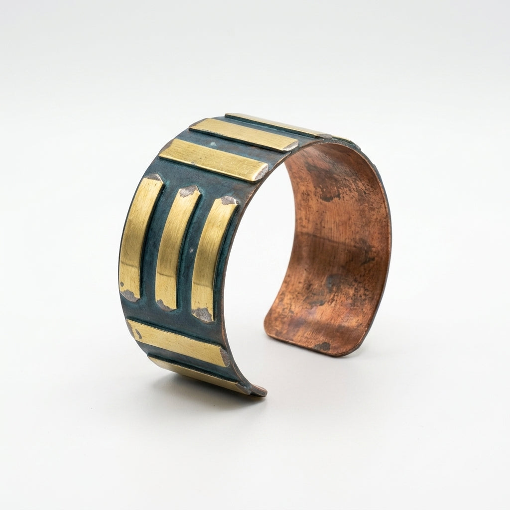 Handcrafted Rustic Copper Patina Bracelet - Blue Bars