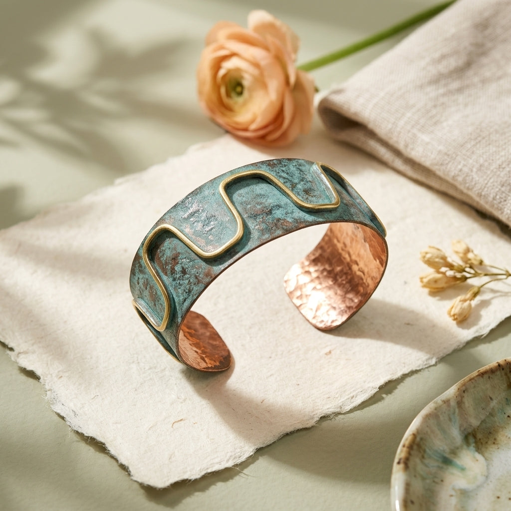 Handcrafted Rustic Copper Patina Bracelet Oxidized Blue Wave