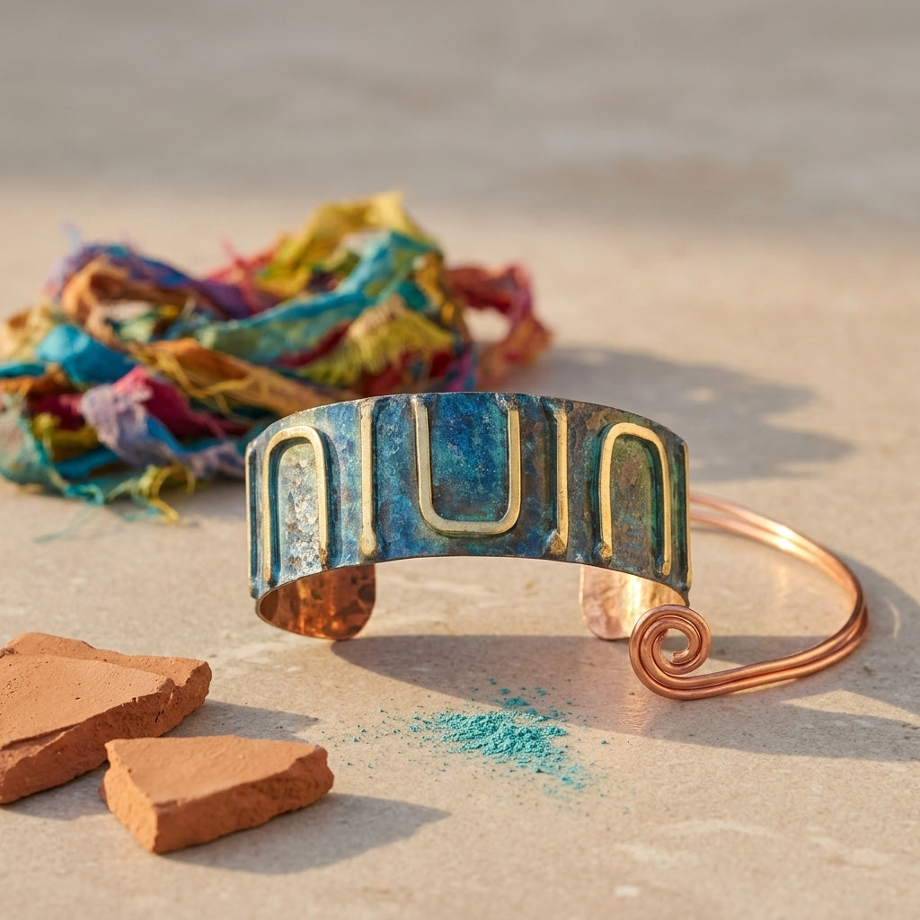 Handcrafted Rustic Copper Patina Bracelet -Teal Maze