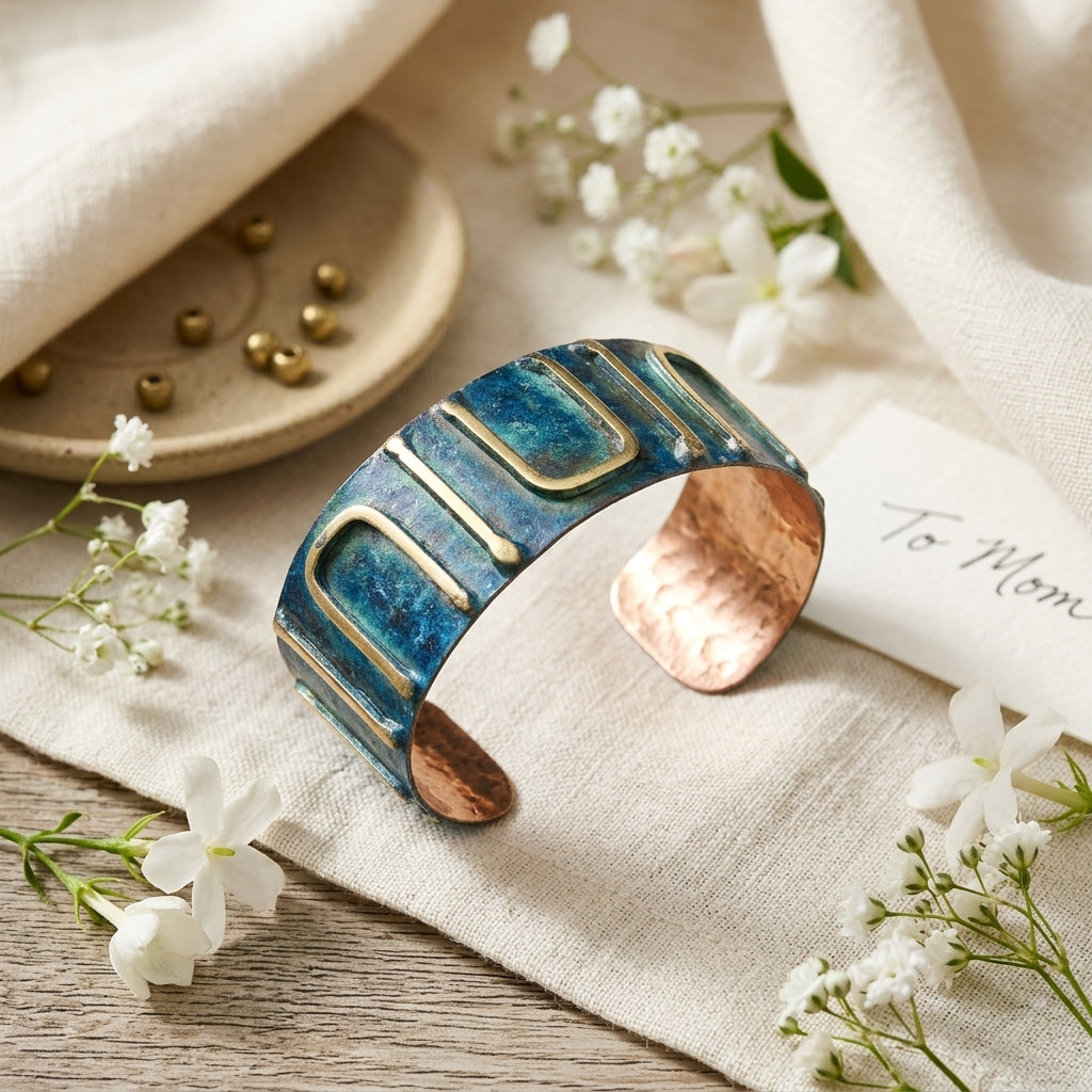 Handcrafted Rustic Copper Patina Bracelet -Teal Maze