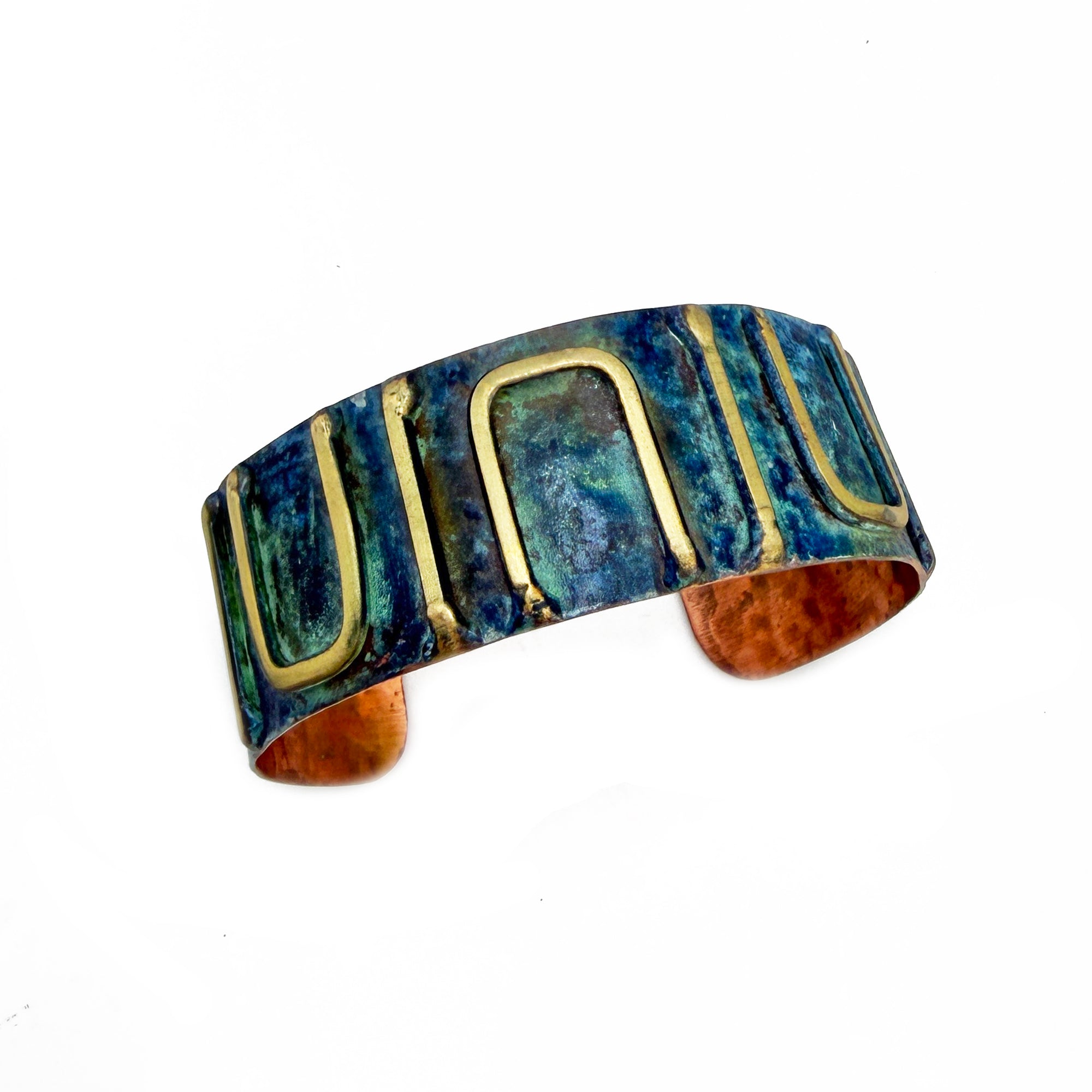 Handcrafted Rustic Copper Patina Bracelet -Teal Maze