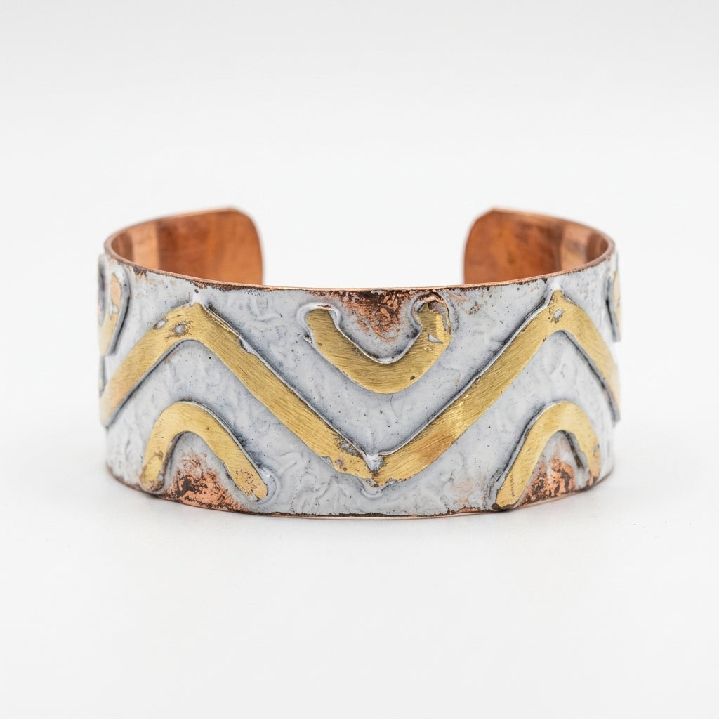 Handcrafted Rustic Copper Patina Bracelet - Ivory Chevron