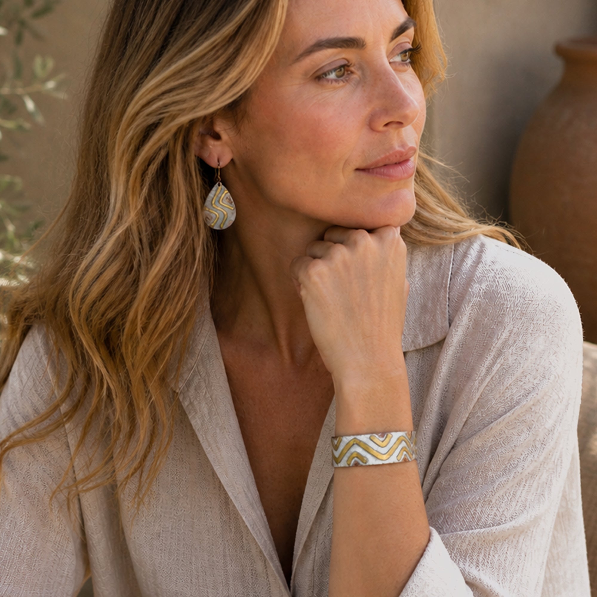 Handcrafted Rustic Copper Patina Bracelet - Ivory Chevron